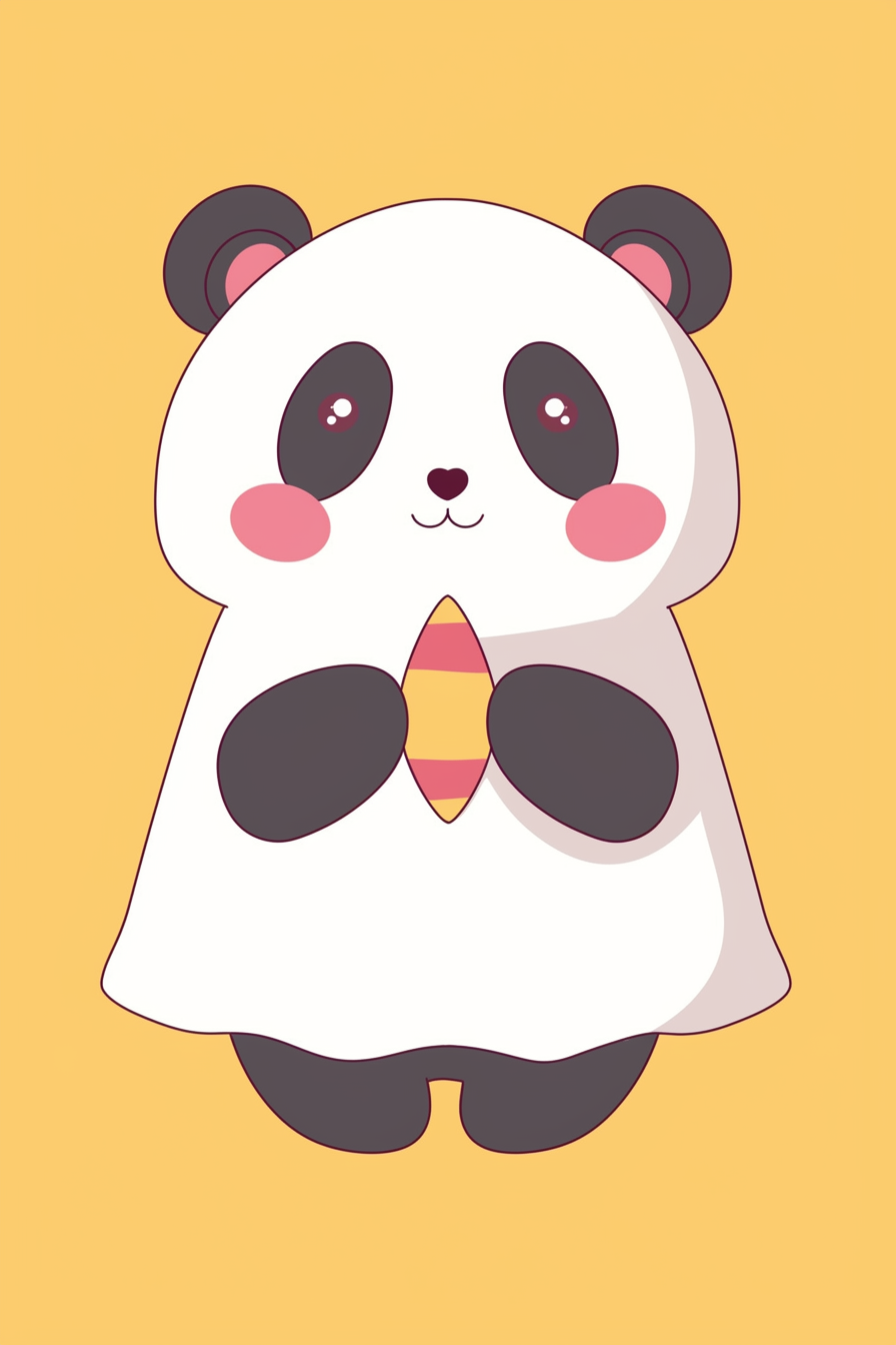 Halloween cute animals drawings 2: Illustration of a cute panda dressed as a ghost with a heart-shaped candy on its chest. The panda bear is portrayed with adorable eyes and pink cheeks, looking very friendly and inviting on a bright yellow background.